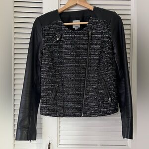 Halogen Tweed and Faux Leather Moto Jacket in Black and Mixed Grays Sz S